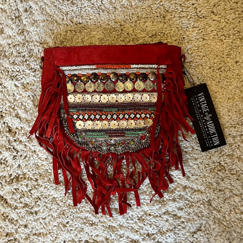 Boho red suede satchel purse with fringe and embellishment NWT